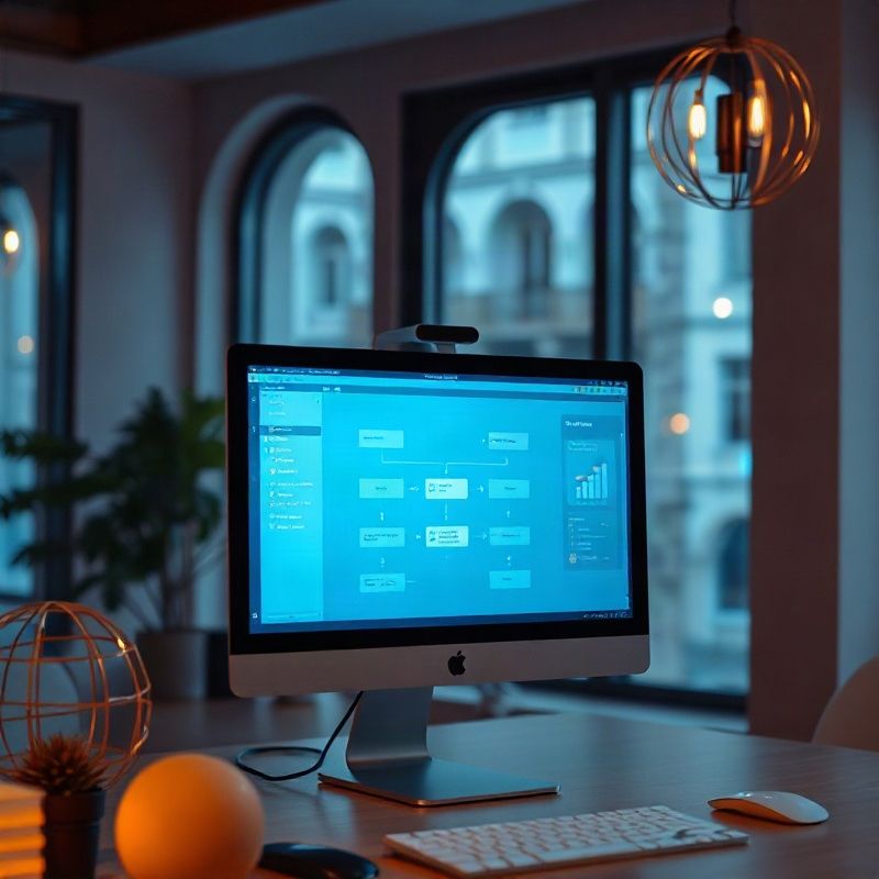 Diagrama de flujo de automatización en la pantalla de un monitor